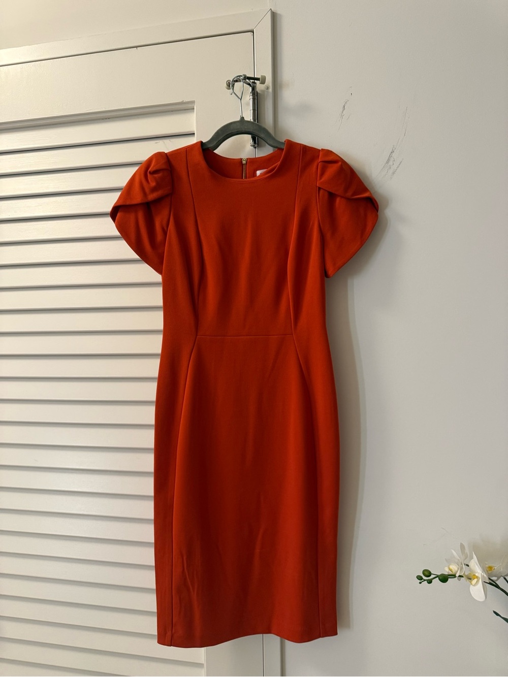 Calvin Klein Orange Puff-Sleeve Midi Sheath Dress